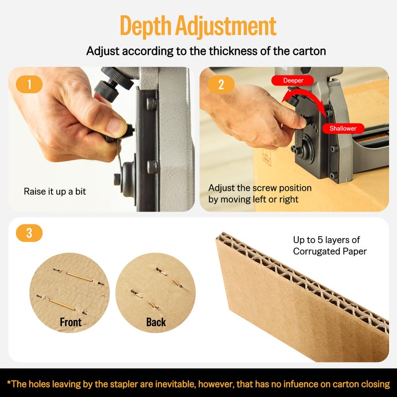 meite Box Stapler HB3515 Manual Carton Closer 16 Gauge Heavy Duty Staple Gun for Corrugated Case Packaging, Depth Dial for 1-8mm Cardboard, Accepts 1-3/8" Crown 5/8" Leg Staples, No Air Needed - Image 3